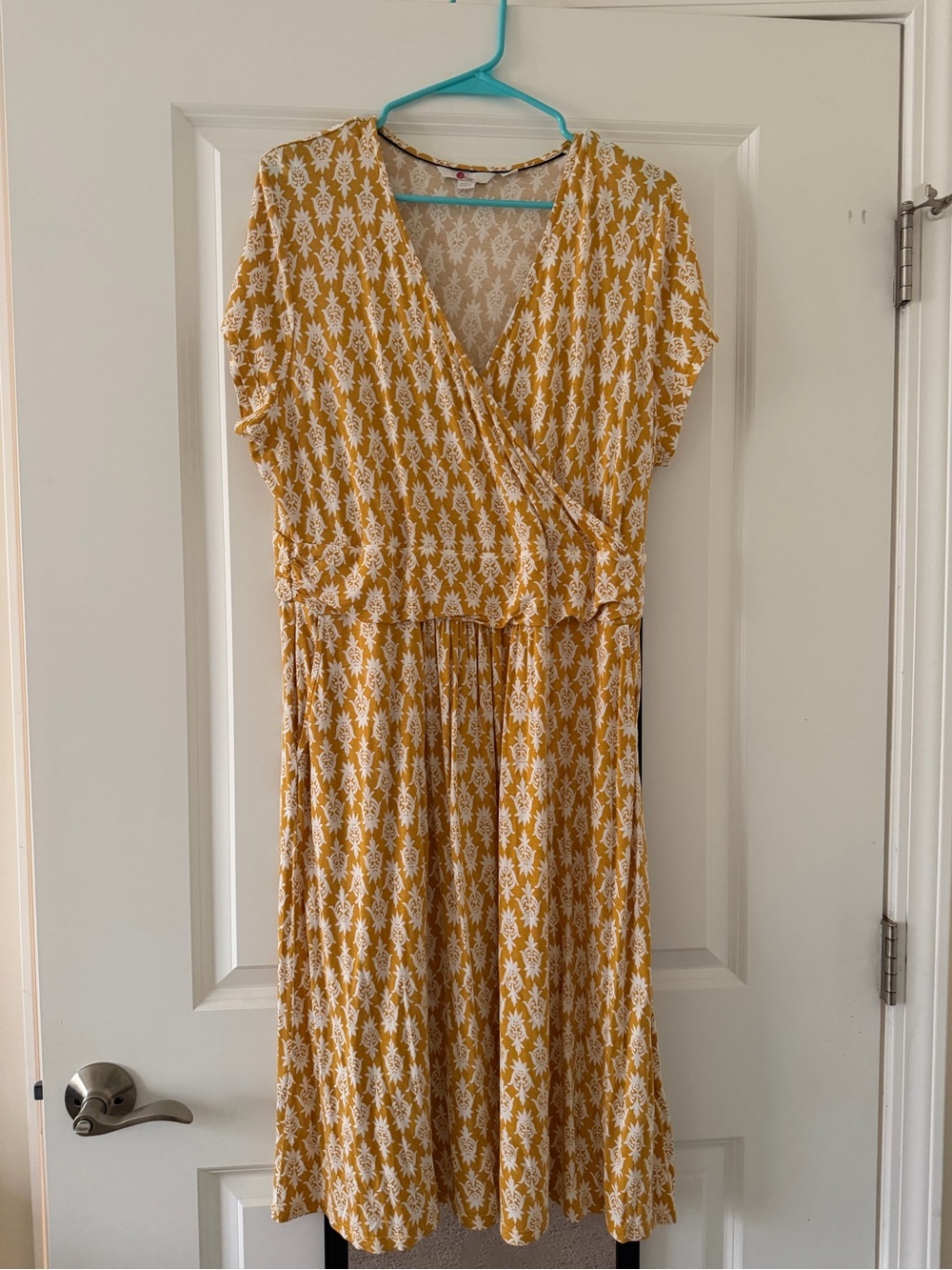 Boden Yellow and White Printed Wrap-Style Midi Dress